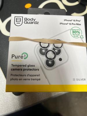 BodyGuardz Metallic Silver Pure 3 Tempered Glass Camera Protector - iPhone 15 Pro/15 Pro Max