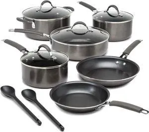 Cooking Light Nonstick Ceramic Pots and Pans Set with Silicone Stay Cool Handles, Dishwasher Safe, 12-Piece Cookware Set, Charcoal Gray
