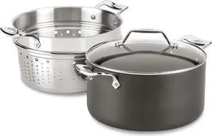 All-Clad Essentials Hard Anodized Nonstick Multi-Pot 7 Quart Oven Broiler Safe 500F Strainer, Pasta Strainer with Handle, Pots and Pans Black