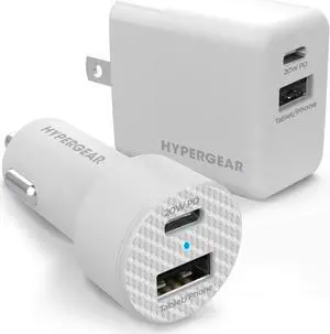 HyperGear 20W White Dual Port USB-A & USB-C CLA & Wall Charger Bundle Pack