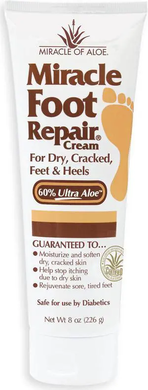 Miracle Foot Repair Cream | 60% Pure Aloe Vera Gel | Fast Relief for Dry, Cracked, Itchy Feet and Heels | Moisturizes | Softens | Restores Comfort | Stops Nasty Odor | Diabetic-Safe| 8 Ounce Tube