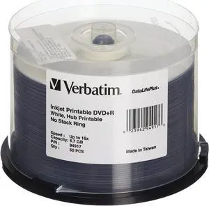 Verbatim DVD+R 4.7GB 16X DataLifePlus White Inkjet Printable, Hub Printable - 50pk Spindle 94917 Verbatim DVD+R 4.7GB 16X DataLifePlus White Inkjet Printable, Hub Printable - 50pk Spindle 94917