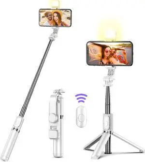Selfie Stick Tripod with Remote, Extendable Cell Phone Tripods with LED Ring Light, Remote Compatible with iPhone and Android (White, Model Q02s) Selfie Stick Tripod with Remote, Extendable Cell Phone Tripods with LED Ring Light, Remote Compatible with iPhone and Android (White, Model Q02s)