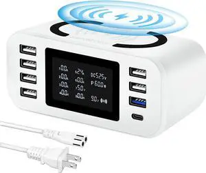 USB Charger, 60W/12A-8 Ports Desktop USB Charging Station with LCD Display, QC 3.0 & USB C Charger Hub Wireless Charger for iPhone 12 Pro Max XS, iPad Pro Air Mini, Samsung, Tablet and More USB Charger, 60W/12A-8 Ports Desktop USB Charging Station with LCD Display, QC 3.0 & USB C Charger Hub Wireless Charger for iPhone 12 Pro Max XS, iPad Pro Air Mini, Samsung, Tablet and More