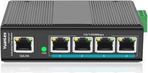 5 Port Fast Industrial DIN-Rail Ethernet Switch, 5 x Fast Ethernet Ports, IP40 Rated, Unmanaged Network Switch (-40 to 176°F), Lifetime Protection, Metal Case