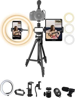 Acuvar Pro LED Ring Light Vlogging Kit for iPhone/Android Ipad Tablet & Camera with 50" Tripod, Phone & Tablet Holder Mount, Microphone & Bluetooth Remote for Live Stream, YouTube, Instagram TikTok