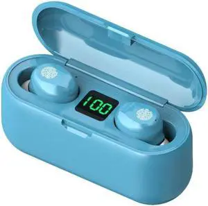 Acuvar Fully Wireless Bluetooth 5.0 Rechargeable IPX7 Waterproof Earbud Headphones w Microphone, 2000mAh USB Smart Dual Charging Case/Stand Surround Stereo Bass and Passive Noise Cancelling Light Blue