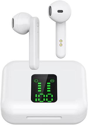 Acuvar Fully Wireless Bluetooth 5.0 Rechargeable iPX5 Water & Sweat Proof Earbud Headphones w Microphone, Touch Controls, Smart LCD Charging Case, Surround Stereo Bass and Noise Cancelling White