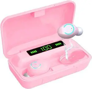 Acuvar Fully Wireless Bluetooth 5.0 Rechargeable IPX7 Waterproof Earbud Headphones with Microphone, 1800mAh USB Smart Dual Charging Case Powerful Surround Stereo Bass and Passive Noise Cancelling Pink
