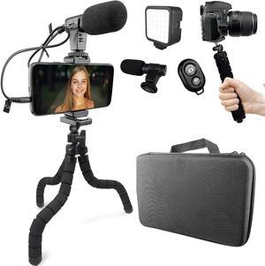 Acuvar Flexible Tripod Vlogging Kit for iPhone, Android & GOPRO w/LED Light, Phone Holder, Microphone, Bluetooth Remote, Hard Case for Live Stream, Video Calls, Vlogging, YouTube, Instagram TikTok