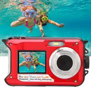Acuvar 48MP Megapixel Waterproof Dual Screen Full HD 1080P Digital Camera for Under Water Photo and Video Recording for Selfies with LED Flash Light for Adults and Kids Red