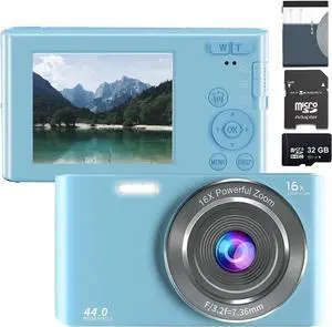 Acuvar 44MP Compact Point and Shoot Digital Camera, 16X Digital Zoom, 2.4 Inch Screen & 32GB SD Card, Vlogging Camera for Kids Teens Students Boys Girls Seniors Blue