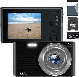 Acuvar 44MP Compact Point and Shoot Digital Camera, 16X Digital Zoom, 2.4 Inch Screen & 32GB SD Card, Vlogging Camera for Kids Teens Students Boys Girls Seniors Black