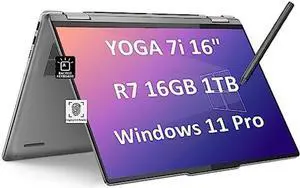 Lenovo Yoga 7 7i 16" FHD+ (1920x1200) 2-in-1 Touchscreen (AMD Ryzen 7 7735U (Beat i7-1255U), 16GB RAM, 1TB SSD, IST Precision Pen) Business Laptop, Backlit KB, 1080P IR Webcam, Win 11 Pro, Arctic Grey
