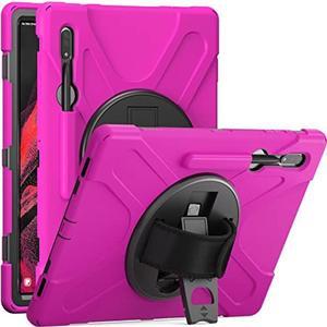KIQ Galaxy Tab S8 Ultra Case 2022, Shockproof Heavy Duty Impact Drop Protection/Shoulder Rotating Hand Strap Kickstand Cover for Samsung Galaxy Tab S8 Ultra 14.6 inch Tablet X900 (Shield Hot Pink)