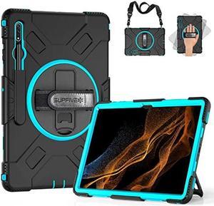 SUPFIVES Case for Galaxy Tab S8 Ultra 2022 : Military Grade Heavy Duty Silicone Protective Cover for Tablet S8 Ultra 14.6 Inch w/S-Pen Holder + Rotating Stand + Handle + Shoulder Strap - Mint Green