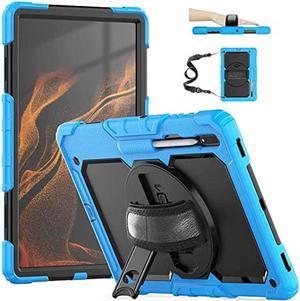 FS FANSONG Case for Galaxy Tab S8 Ultra 2022 Heavy Duty Silicone Protective Cover for Tablet S8 Ultra 14.6 Inch w/S-Pen Holder Rotating Stand Handle Shoulder Strap Blue
