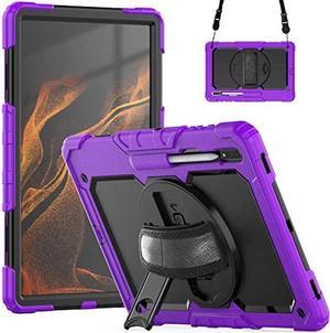 FS FANSONG Case for Galaxy Tab S8 Ultra 2022 Heavy Duty Silicone Protective Cover for Tablet S8 Ultra 14.6 Inch w/S-Pen Holder Rotating Stand Handle Shoulder Strap Purple