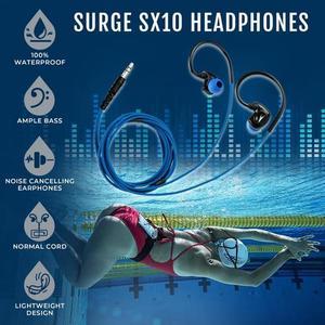 H2O Audio Surge SX10 Headphones, Waterproof IPX8, Normal Cord, in-Ear Stereo Earbuds Noise Cancelling Earphones for Swimming, Running and Sporting Activities