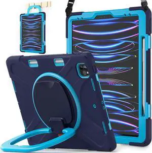 BATYUE Case for iPad Air 13 inch M3/ M2 (2025/2024), for iPad Pro 12.9" in 6th/ 5th/ 4th/ 3rd Generation, Heavy Duty Protective Cover with 360° Rotating Stand, Pencil Holder, Carrying Strap, NavyBlue