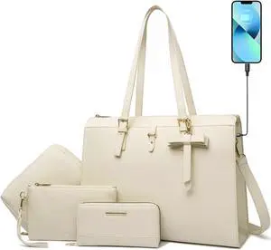 Keyli Laptop Tote Bag for Women Large Tote Bag Waterproof Leather Work Laptop Briefcase with Built-in USB Charging Port Computer Shoulder Bags Fits 15.6 Inch, Business Handbag Purse 4pcs Set Khaki