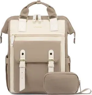 LOVEVOOK 17 inch Laptop Backpack for Women, Teacher Nurse Work Travel Backpacks Purse,Computer Bag with USB Charging Port, Khaki Beige