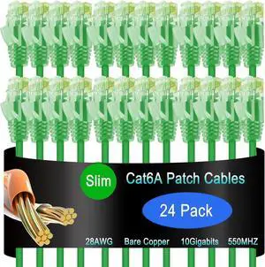 Lysymixs Cat6a Slim Ethernet Patch Cable 5 ft (24 Pack), Cat6a Patch Cable for Data Centers, Cat 6 Patch Cable 10G, Network Patch Cables for Home and Enterprise Network -Green