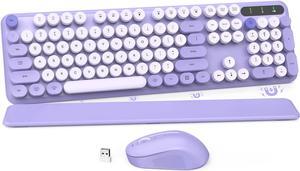 Wireless Keyboard and Mouse Combo, Cute Round Keycaps, Full-size Retro Typewriter Keyboard with Detachable Wrist Rest, 2.4GHz Cordless Connection for Mac/Windows/PC/Laptop (Purple-Colorful)