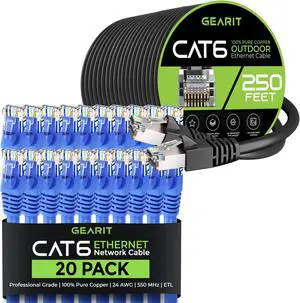 GearIT 20Pack 1.5ft Cat6 Ethernet Cable & 250ft Cat6 Cable