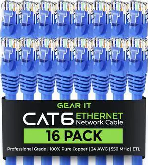 GearIT Cat 6 Ethernet Cable Pack - 16-Pack 7 ft Cat6 Ethernet Patch Cables | RJ45 Network Patch Cable, 10 Gbps Snagless Gold-Plated Connectors - Ethernet Cable Cat 6 for PC, TV, Router - Blue