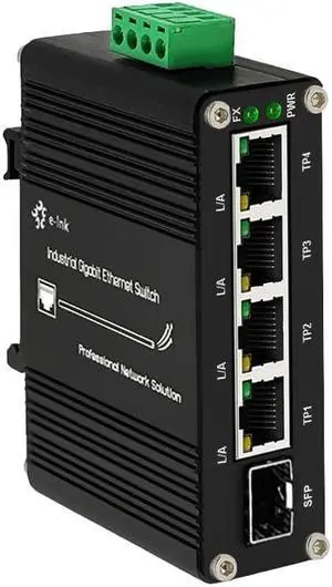 Mini Industrial 4 Port 10/100/1000Mbps Gigabit Ethernet Switch with SFP Din Rail/Wall-Mount 10/100/1000BASE-T RJ45 + 1 100/1000FX (SFP) Support 12-48V DC 10Gbps Switching Capacity