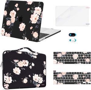 MOSISO Compatible with MacBook Pro 13 inch Case 2024, 2023, 2021-2016 M2 M1 A2338 A2251 A2289 A2159 A1989 A1708 A1706, Plastic Camellia Hard Case&Bag&Keyboard Skin&Webcam Cover&Screen Protector, Black