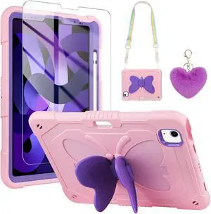 WESADN for iPad Air 5th Generation Case iPad Pro 11 Inch Case 4th/3rd/2nd/1st with Screen Protector/Butterfly Kickstand/Strap/Keychain/Pencil Holder for Kids Girls Case for iPad Air 4 Pink Purple
