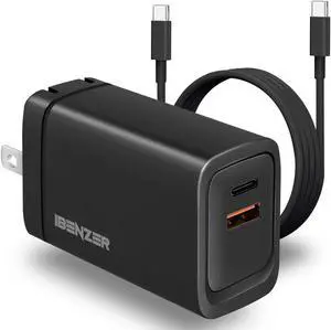 iBenzer USB C Charger 65w PD 3.0, 2-Port Foldable Travel Wall Charger with 3FT USB-C Fast Charging Cord for iPhone 14/13/12, MacBook Pro/Air, iPad Pro, Switch, Galaxy S23/S22, Dell XPS 13, Steam Deck