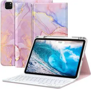MoKo for New iPad Air 11 Inch Case with Keyboard 2025/2024 Released, Magic Detachable Folio Keyboard Cover with Pencil Holder for iPad Air 7th/6th/5th/4th Generation, Light Pink Gold Marble