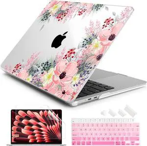 Batianda Premium Case for New MacBook Air 15 inch 2024 2023 with M3/M2 Chip Model A3114 A2941, Designed Protective Plastic Hardshell & Keyboard Cover & Screen Protector, Beautiful Floral