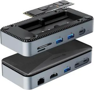 Yottamaster USB C Docking Station with 4TB M.2 NVMe SSD Enclosure, 10 in 1 USB C HUB Adapter 10Gbps USB 3.2 Gen2, 4K@60Hz HDMI, 100W PD, SD/TF 3.0 Card Reader, Ethernet for Windows, Mac [Diskless]