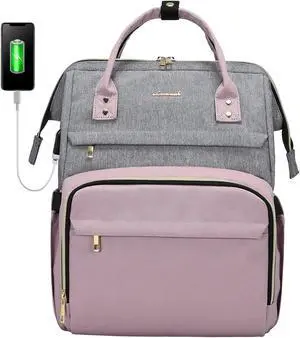 LOVEVOOK Laptop Backpack for Women Fashion Business Computer Backpacks Travel Bags Purse Doctor Nurse Work Backpack with USB Port, Fits 15.6-Inch Laptop Grey-Light Purple