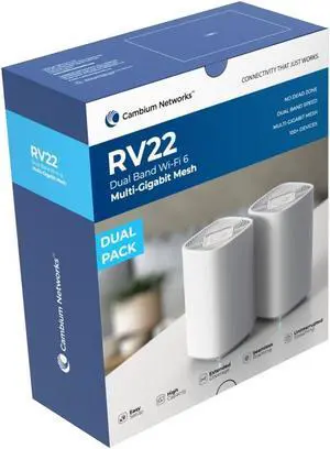 Cambium Networks RV22 Wi-Fi 6 Home MESH Router/Node, 5 GHz 3X3:2, 2.4 GHz 2X2:2 2 Pack (RV22USAB2-US)