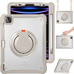 Batianda Ultimate Protective Case for iPad Pro 11-inch 2022 4th M2 Chip /2021 (3rd Generation) Rugged Shockproof Tablet Cover with 360° Rotatable Kickstand & Shoulder Strap & Pencil Holder, Khaki