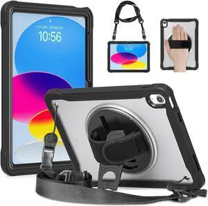 Batianda Case for New iPad 11 2025 A16 Chip/iPad 10th 10.9-inch 2022 Release Heavy Duty Rugged Shockproof Tablet Cover with 360° Rotating Hand Strap Foldable Hidden Stand & Shoulder Strap, Black