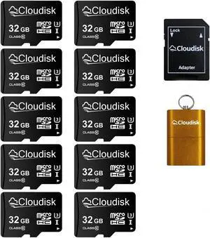 Cloudisk Pack of 10 Micro SD Card 32GB Flash Memory Card C10 A2 U3 Micro SDHC with SD Adapter, Card Reader (32GB)