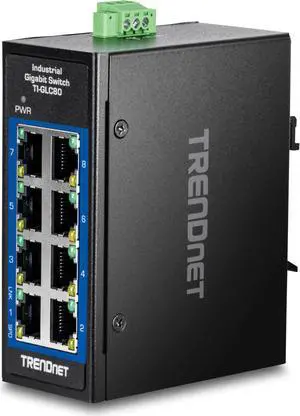 TRENDnet 8-Port Industrial Gigabit DIN-Rail Mini Switch, TI-GLC80, 8 x Gigabit Ports, Extreme Temperature IP30 Rated, 16Gbps Switch Capacity, Black