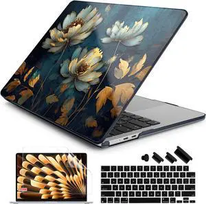 Batianda Premium Case for New MacBook Air 15 inch 2024 2023 with M2 M3 Chip Model A3114/A2941, Designed Black Protective Plastic Hardshell & Keyboard Cover & Screen Protector, Blooming Flowers