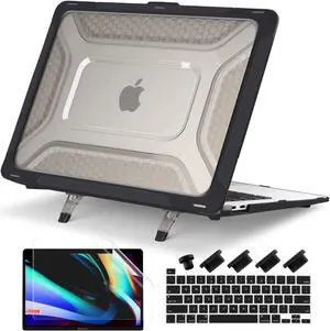 Batianda Protective Case for MacBook Pro 13 inch Case M2 Chip 2022 2020 Release A2338 M1 A2289 A2251 Model,Heavy Duty Honeycomb Hard Shell with TPU Bumper and Fold Kickstand & Keyboard Cover, Black