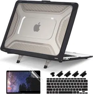 Batianda Protective Case for MacBook Air 13 inch 2021 2020 Release A2337 M1 A2179 A1932 Model Touch ID,Heavy Duty Honeycomb Hard Shell with Slim TPU Bumper and Fold Kickstand & Keyboard Cover, Black