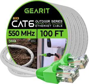 GearIT Cat6 Outdoor Ethernet Cable (100 Feet) CCA Copper Clad, Waterproof, Direct Burial, In-Ground, UV Jacket, POE, Network, Internet, Cat 6, Cat6 Cable - 100ft