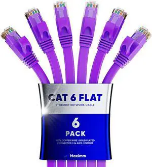 Cat 6 Ethernet Cable 50 ft - with a Flat, Space-Saving Design High-Speed Internet & Network LAN Patch Cable, RJ45 Connectors - 50ft / Purple / 6 Pack - Perfect for Gaming, Streaming, and More