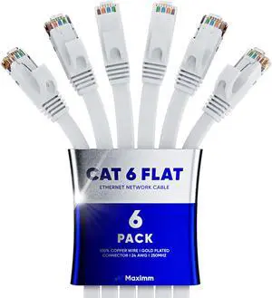 Cat 6 Ethernet Cable 50 ft - with a Flat, Space-Saving Design High-Speed Internet & Network LAN Patch Cable, RJ45 Connectors - 50ft / White / 6 Pack - Perfect for Gaming, Streaming, and More