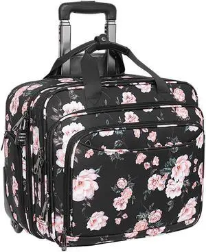 MOSISO Rolling Laptop Bag for Women, 15.6 inch Briefcase with Coded Lock, Overnight Camellia Computer Bag on 2 Wheels with Belt for Work Travel Business, Black